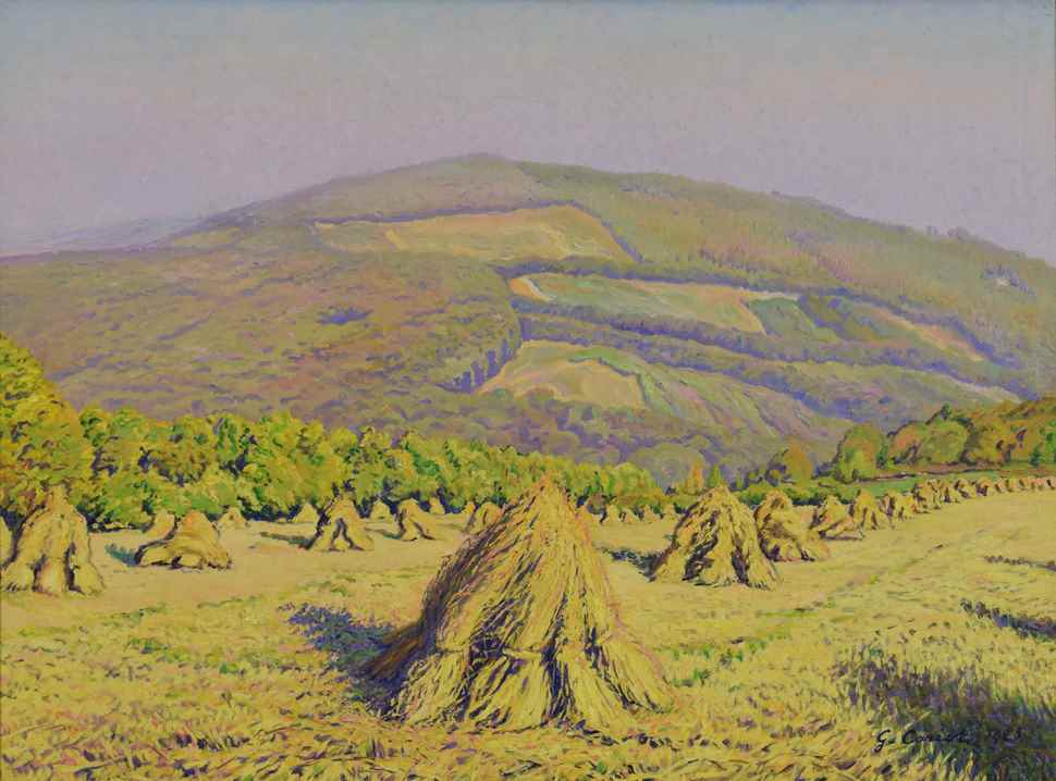 Paysage aux Bottes de Blé Devant la Montagne - Gustave Cariot (1872 - 1950)