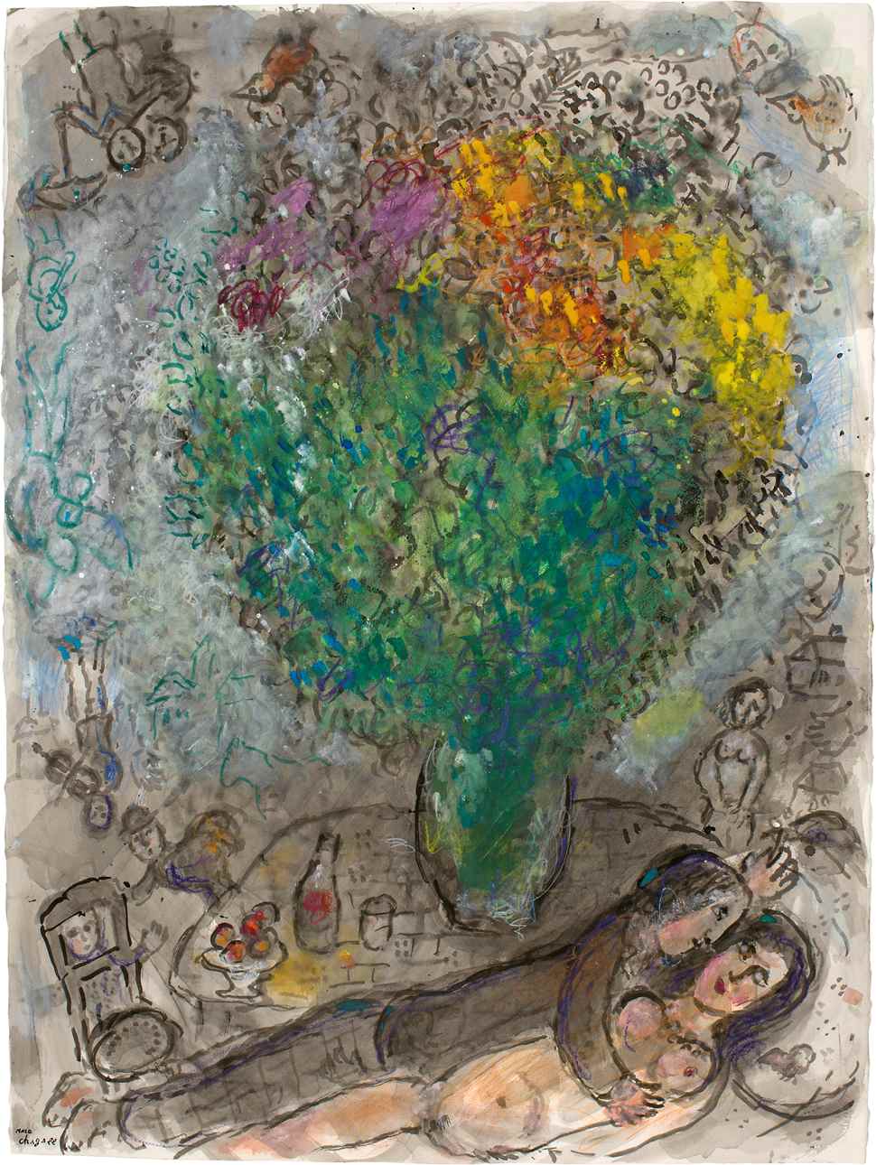 Couple Allongé au Grand Bouquet - Marc Chagall (1887 - 1985)