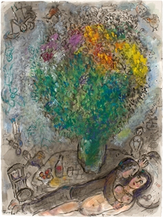 Marc Chagall - Couple Allongé au Grand Bouquet