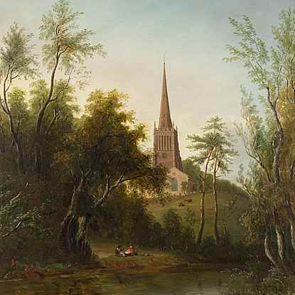 Figures by a Pond, with Cattle and a Church beyond - Sarah Ferneley (1812 - 1903)
