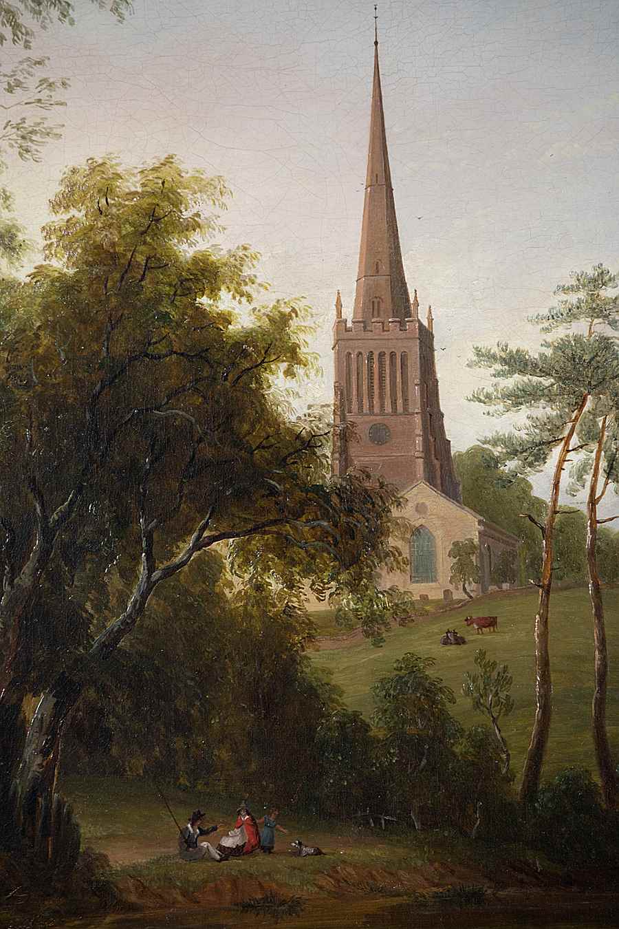 Figures by a Pond, with Cattle and a Church beyond - Sarah Ferneley (1812 - 1903)