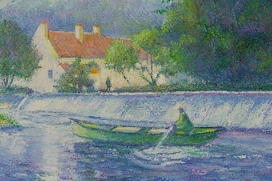 Le Père Heudiard en Barque au Barrage du Vey - H. Claude Pissarro (b. 1935 - )