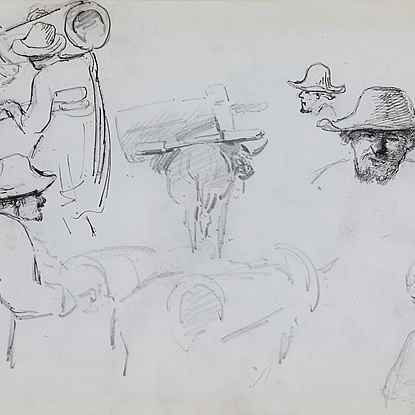 A Man Driving Two Cows, a Cow Seen from Behind,  a Man Carrying a Churn and Head Studies - Camille Pissarro (1830 - 1903)