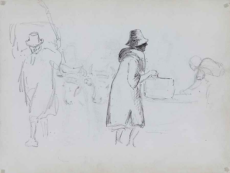 A Man Driving Two Cows, a Cow Seen from Behind,  a Man Carrying a Churn and Head Studies - Camille Pissarro (1830 - 1903)