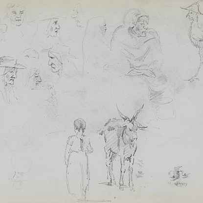 Figure Studies, a Goat and Child, Studies of Heads and a Seated Woman - Camille Pissarro (1830 - 1903)