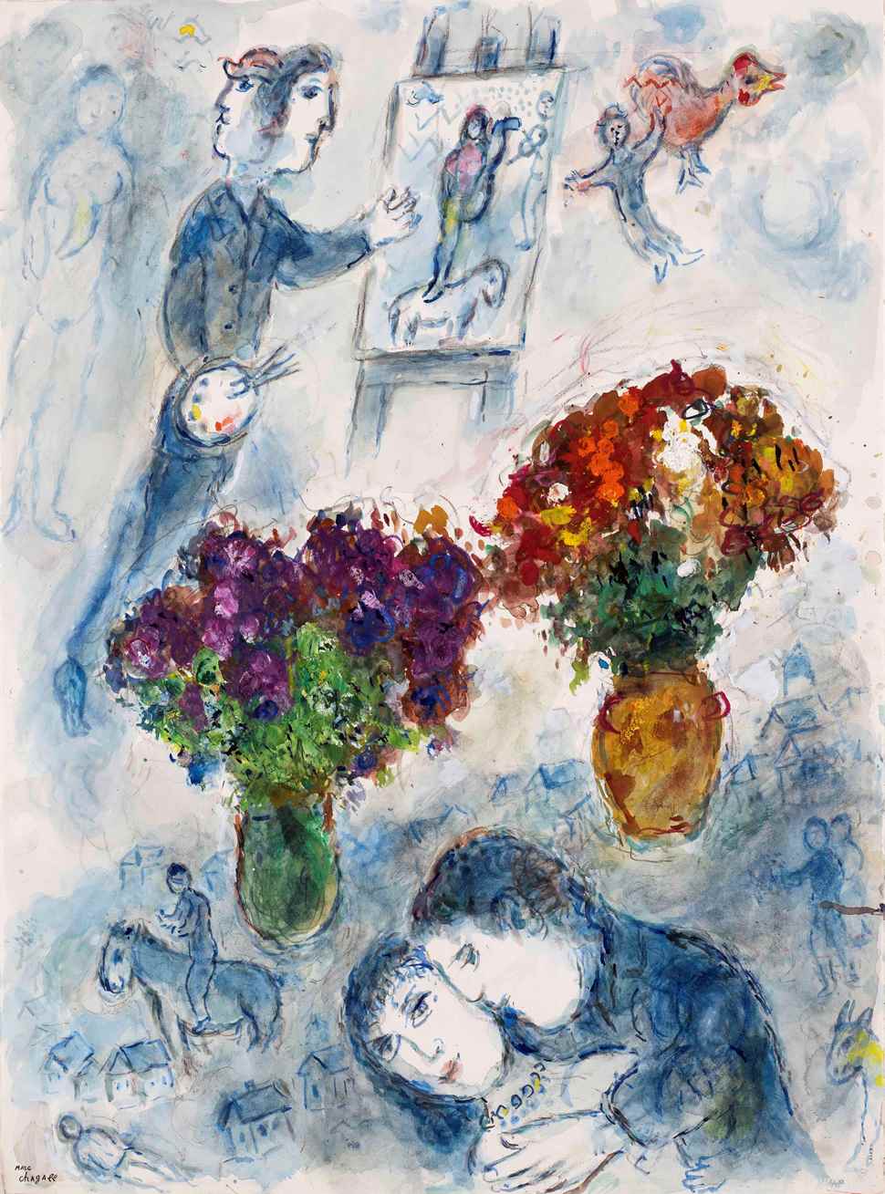 Les amoureux aux deux bouquets et le peintre - Marc Chagall (1887 - 1985)