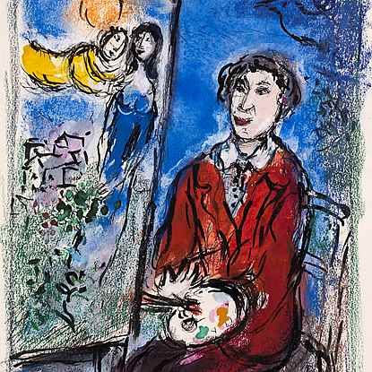 Le Peintre devant "Le Soleil Rouge" - Marc Chagall (1887 - 1985)