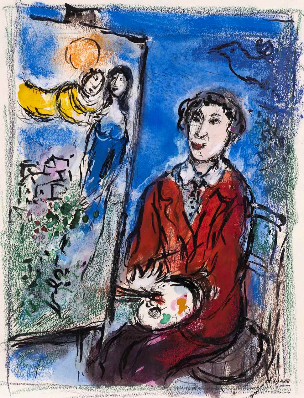 Le Peintre devant "Le Soleil Rouge" - Marc Chagall (1887 - 1985)
