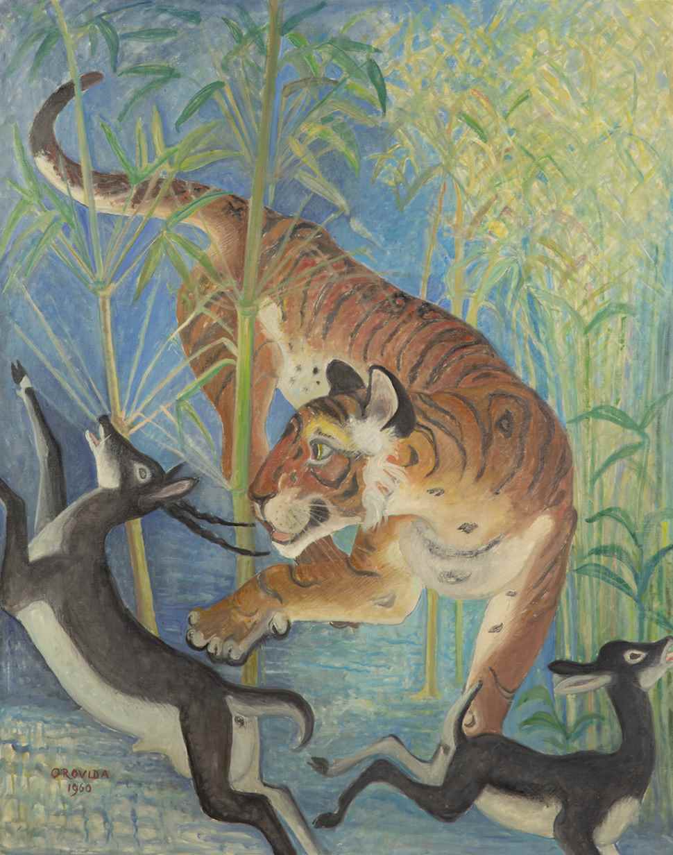 Tiger Surprises Black Buck - Orovida Pissarro (1893 - 1968)