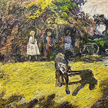 Un Chien une Chaise et les Gamins-Terrasse - Hugues  Pissarro dit Pomié (b. 1935 - )