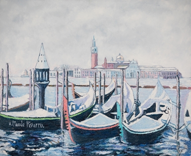 H. Claude Pissarro - L'Hiver blanc sur les gondoles, Venise (Italie)