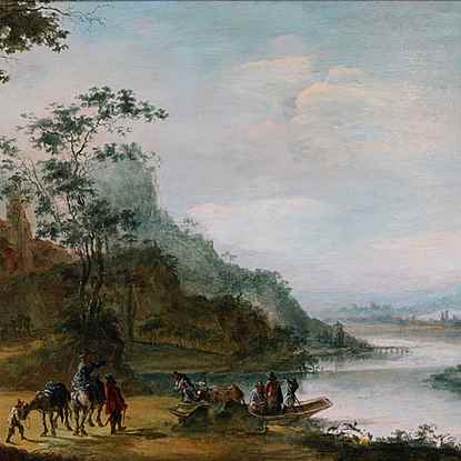 A wooded landscape with figures crossing a river - Attributed to Gillis Neyts  (1623 - 1687)