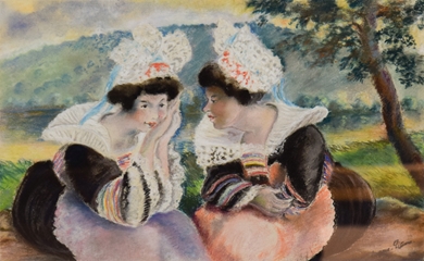 Georges Manzana Pissarro - River landscape with two Bretonnes women