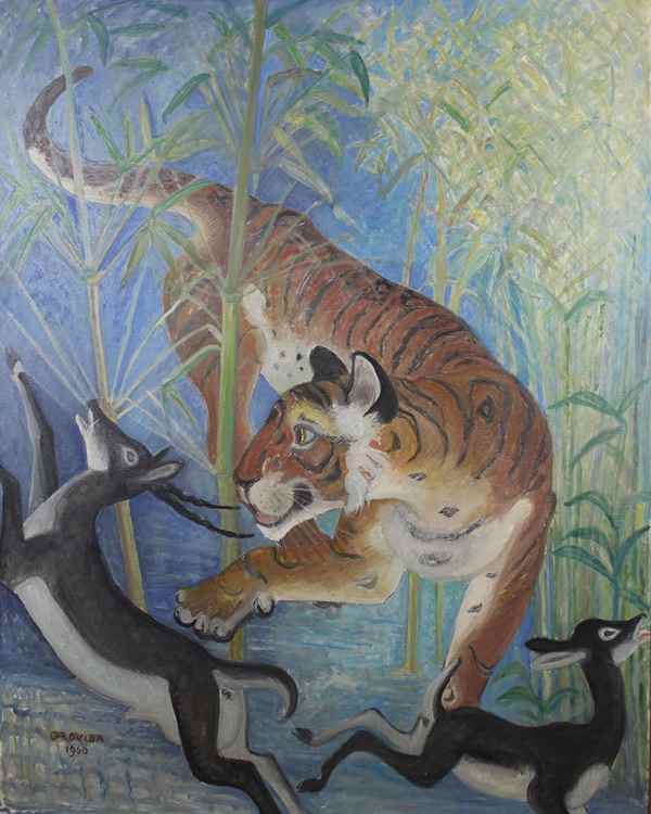 Tiger Surprises Black Buck - Orovida Pissarro (1893 - 1968)
