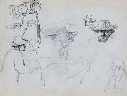 CamillePissarro - A Man Driving Two Cows, a Cow Seen from Behind,  a Man Carrying a Churn and Head Studies