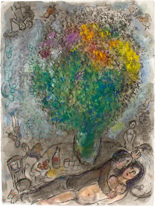 Marc Chagall - Couple Allongé au Grand Bouquet