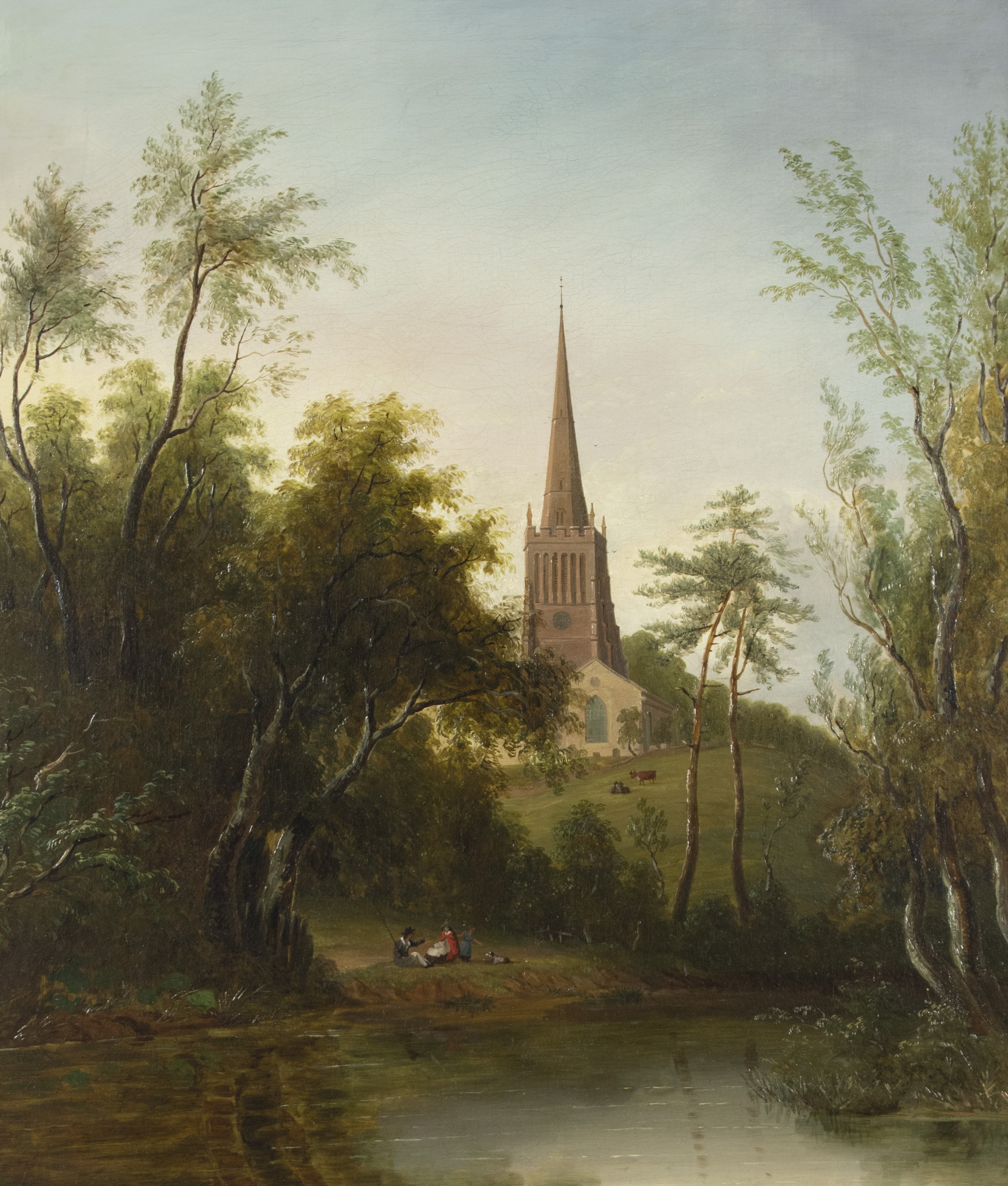 Figures by a Pond, with Cattle and a Church beyond - Sarah Ferneley (1812 - 1903)