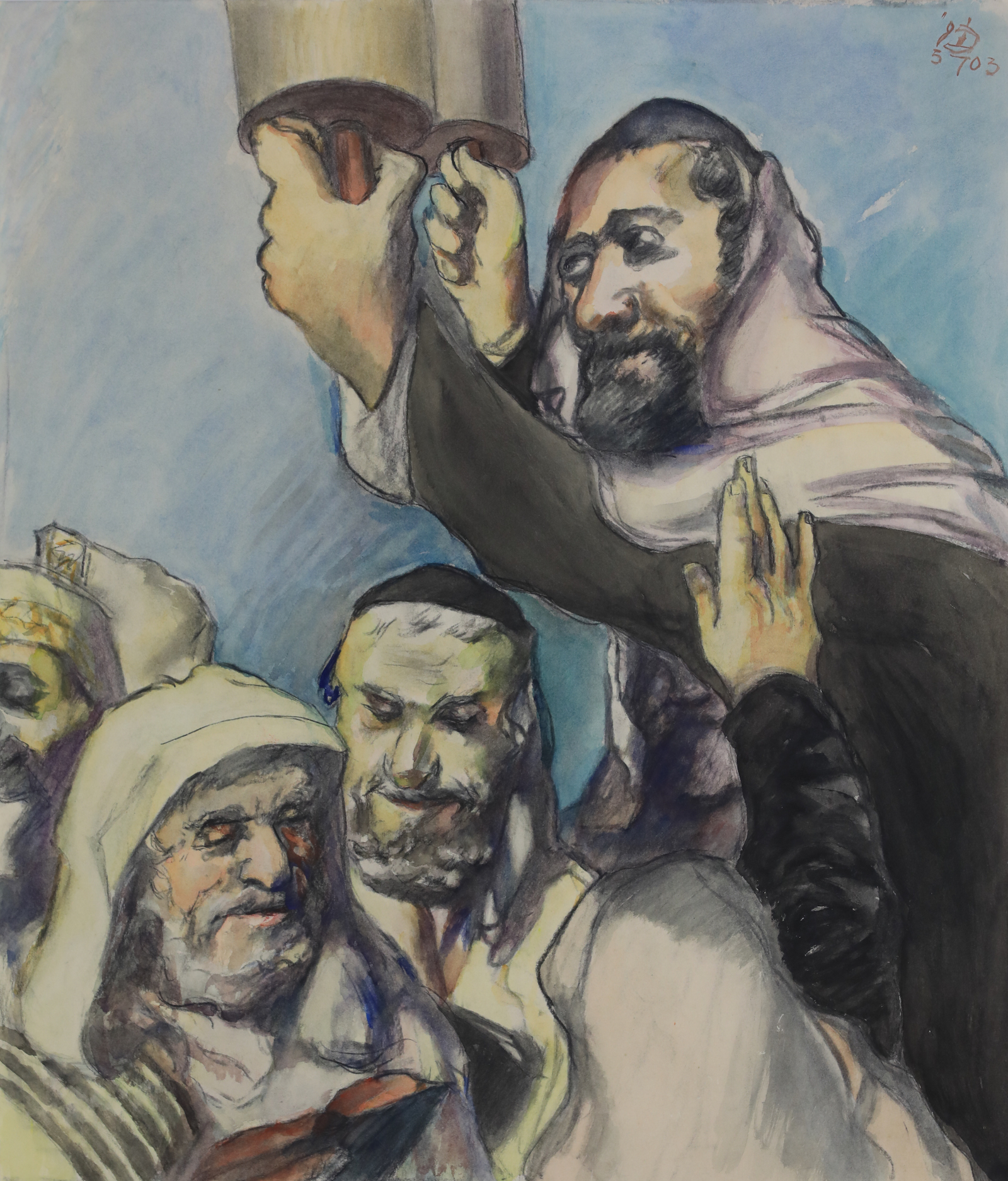Lifting the Torah - Ludwig Meidner (1884 - 1966) | Stern Pissaero Gallery. Watercolour on paper 67 x 56 cm (26 &sup3;/₈ x 22 inches) Signed upper right, LM Executed in 1943
