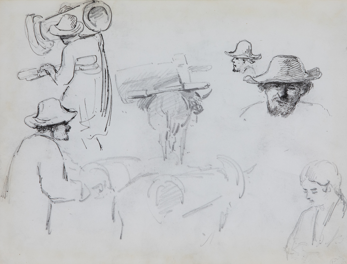 Camille Pissarro - A Man Driving Two Cows, a Cow Seen from Behind,  a Man Carrying a Churn and Head Studies