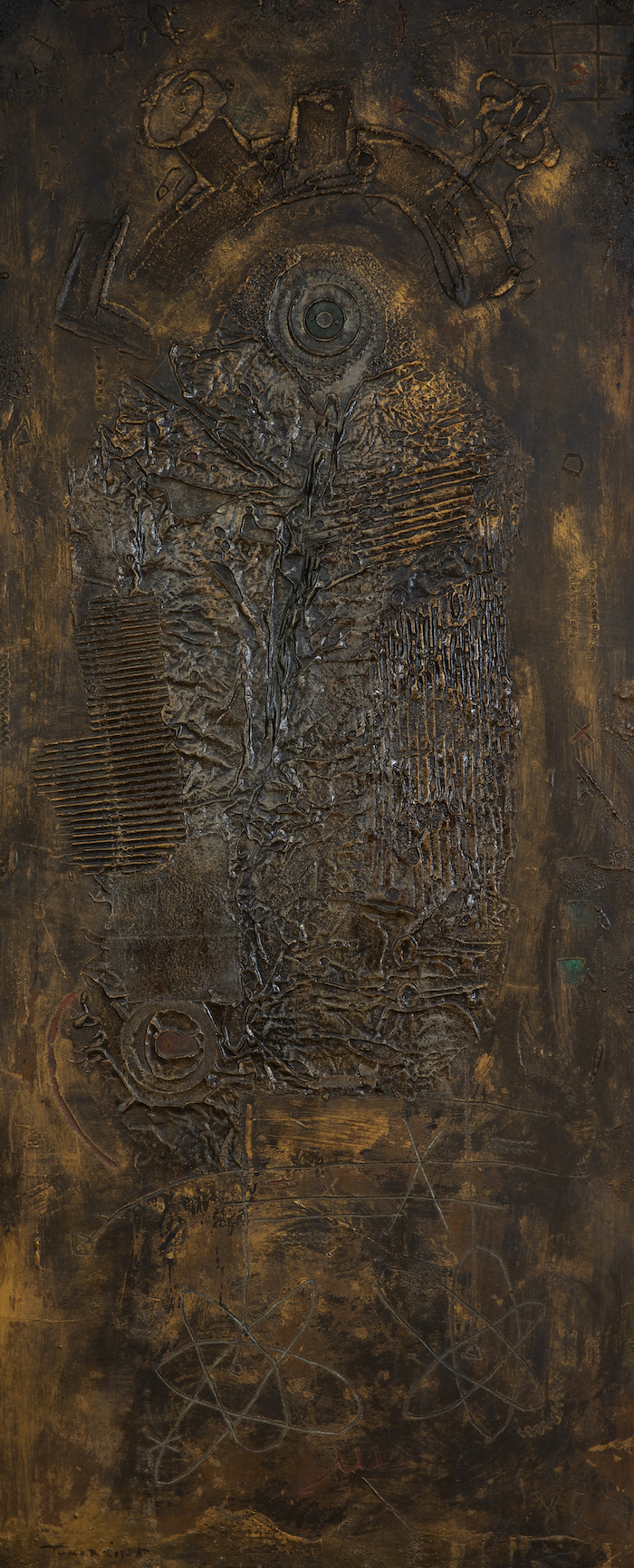 Untitled 65 - Igael Tumarkin (1933-2021) | Stern Pissaero Gallery. Mixed media on board 152 x 63 cm (59 ⁷/₈ x 24 &sup3;/₄ inches) Signed and dated lower left, Tumarkin 65 Numbered 'No6' on the reverse