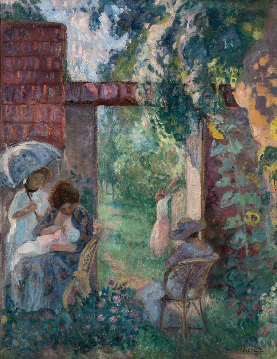 Femmes et Enfants dans un Jardin en Été