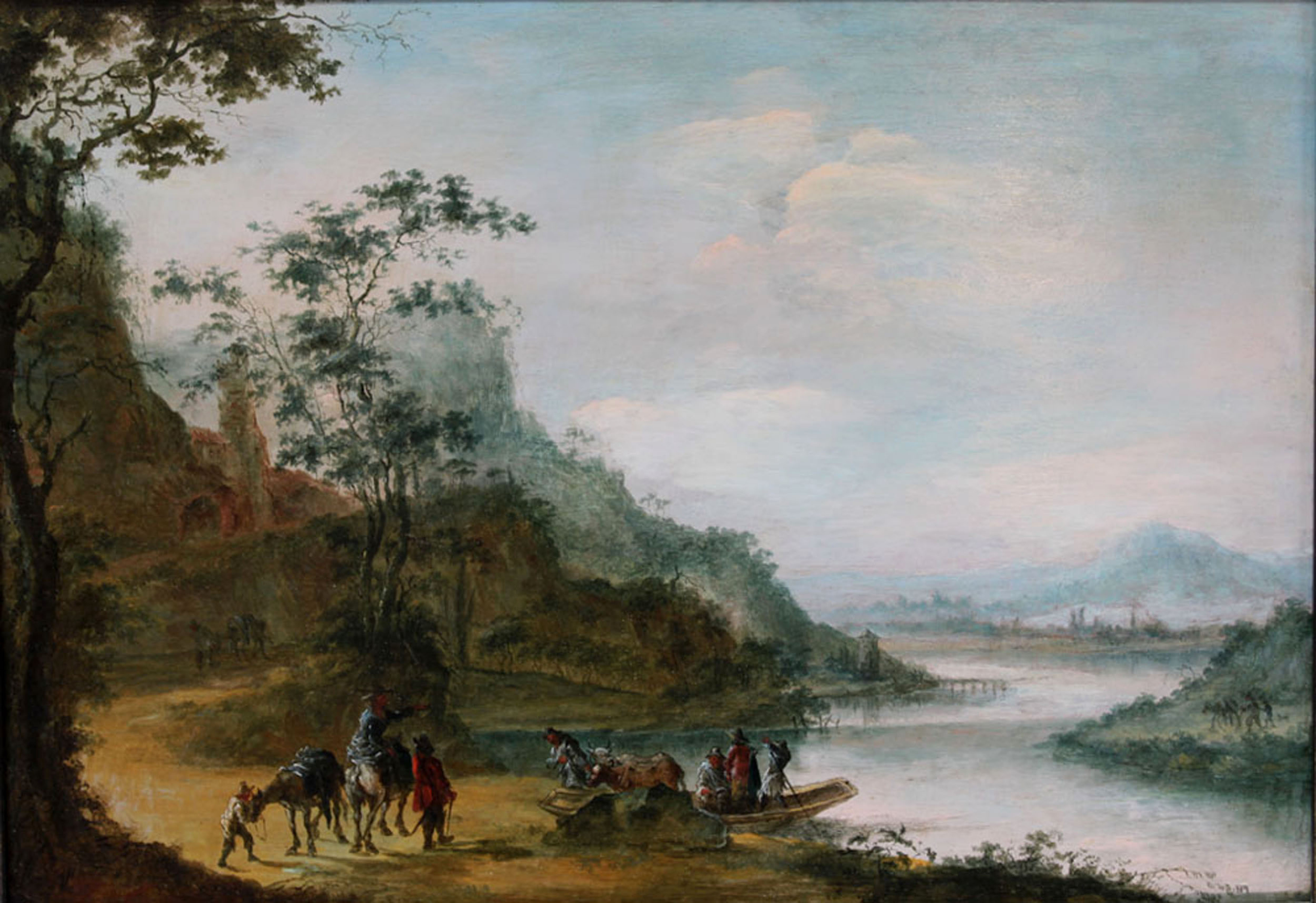 A wooded landscape with figures crossing a river - Attributed to Gillis Neyts  (1623 - 1687) | Stern Pissaero Gallery. Oil on panel 47.5 x 57.5 (18 11/16 x 22 5/8&nbsp;inches)