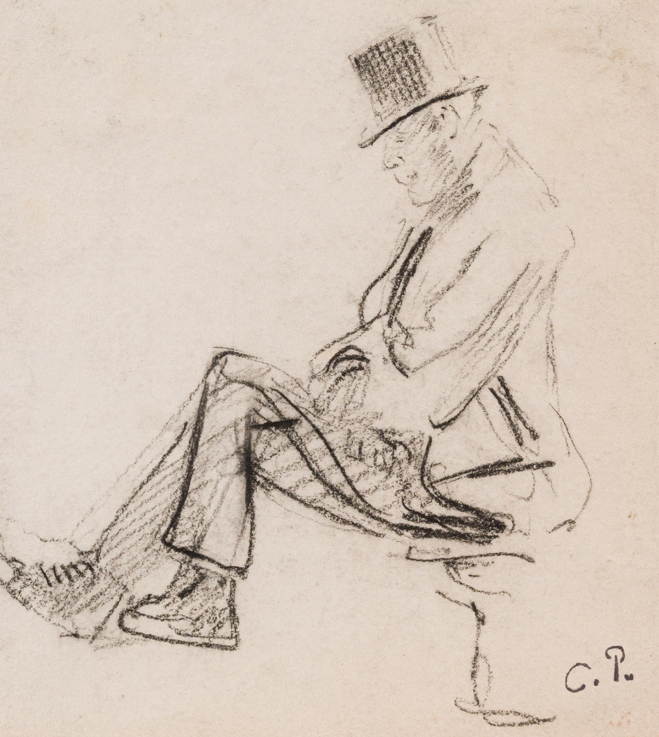 A seated man wearing a top hat - Camille Pissarro (1830 - 1903) | Stern Pissaero Gallery. Charcoal on paper 11.1 x 10 cm (4 &sup3;/₈ x 4 inches) Stamped with initials lower right, C.P.