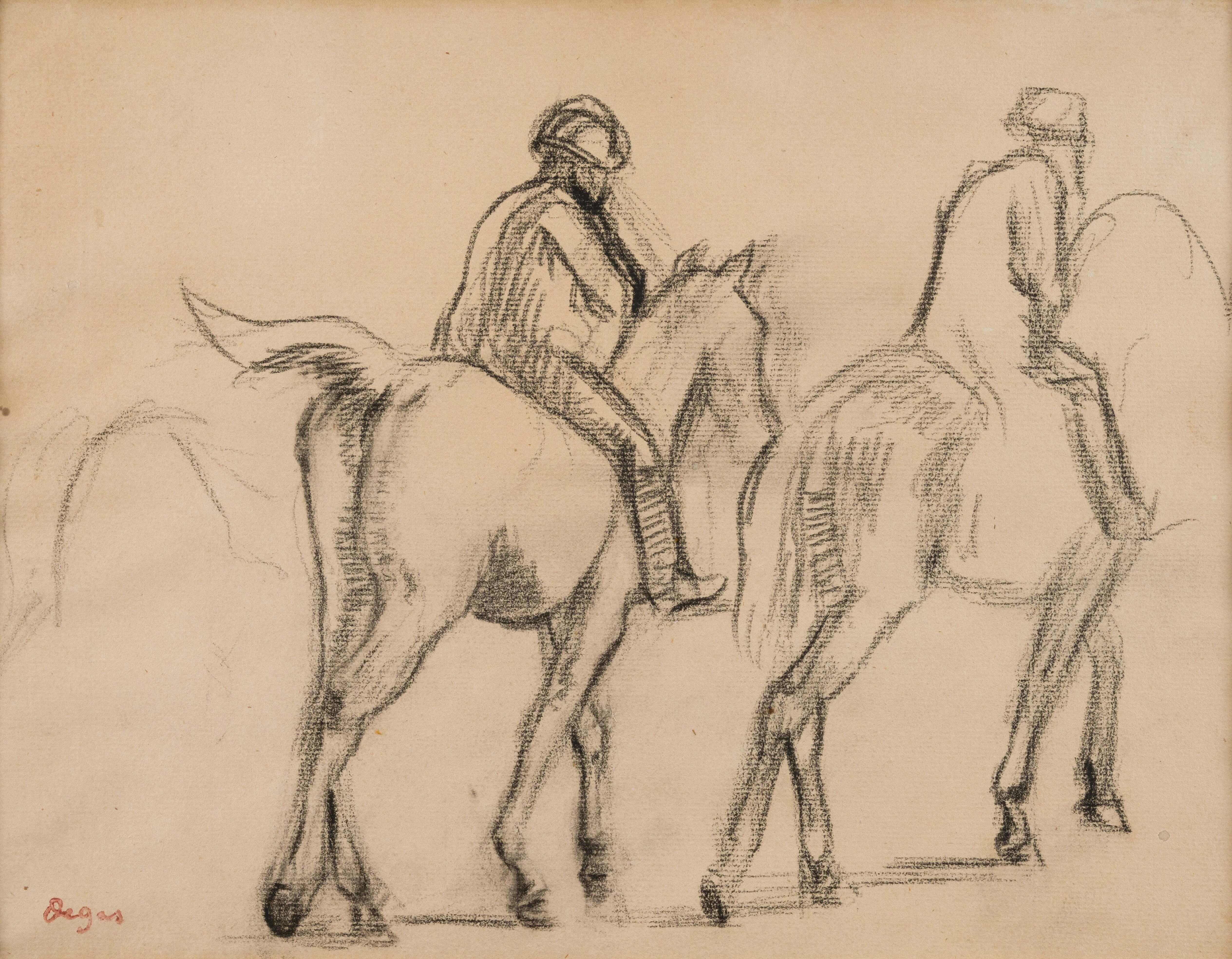 Deux Cavaliers - Edgar Degas (1834 - 1917) | Stern Pissaero Gallery. Charcoal on paper 24 x 32 cm (9 &sup1;/₂ x 11 ⁵/₈ inches) Stamped lower left, Degas &nbsp;