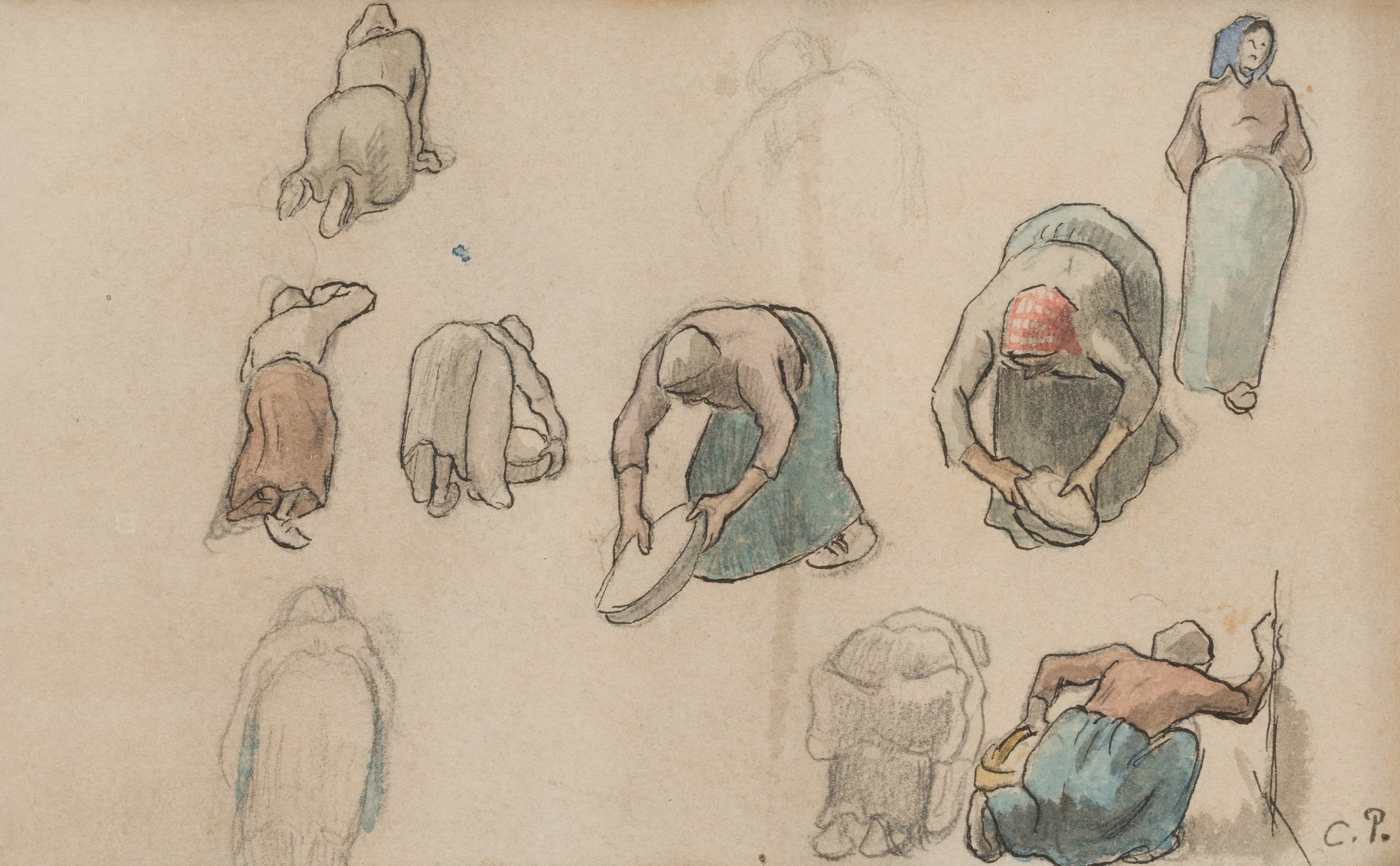 Études de paysannes - Camille Pissarro (1830 - 1903) | Stern Pissaero Gallery. Watercolour and charcoal on paper 14 x 22.2 cm (5 &sup1;/₂ x 8 &sup3;/₄ inches) Signed with monogram lower right, C.P. Executed circa 1880
