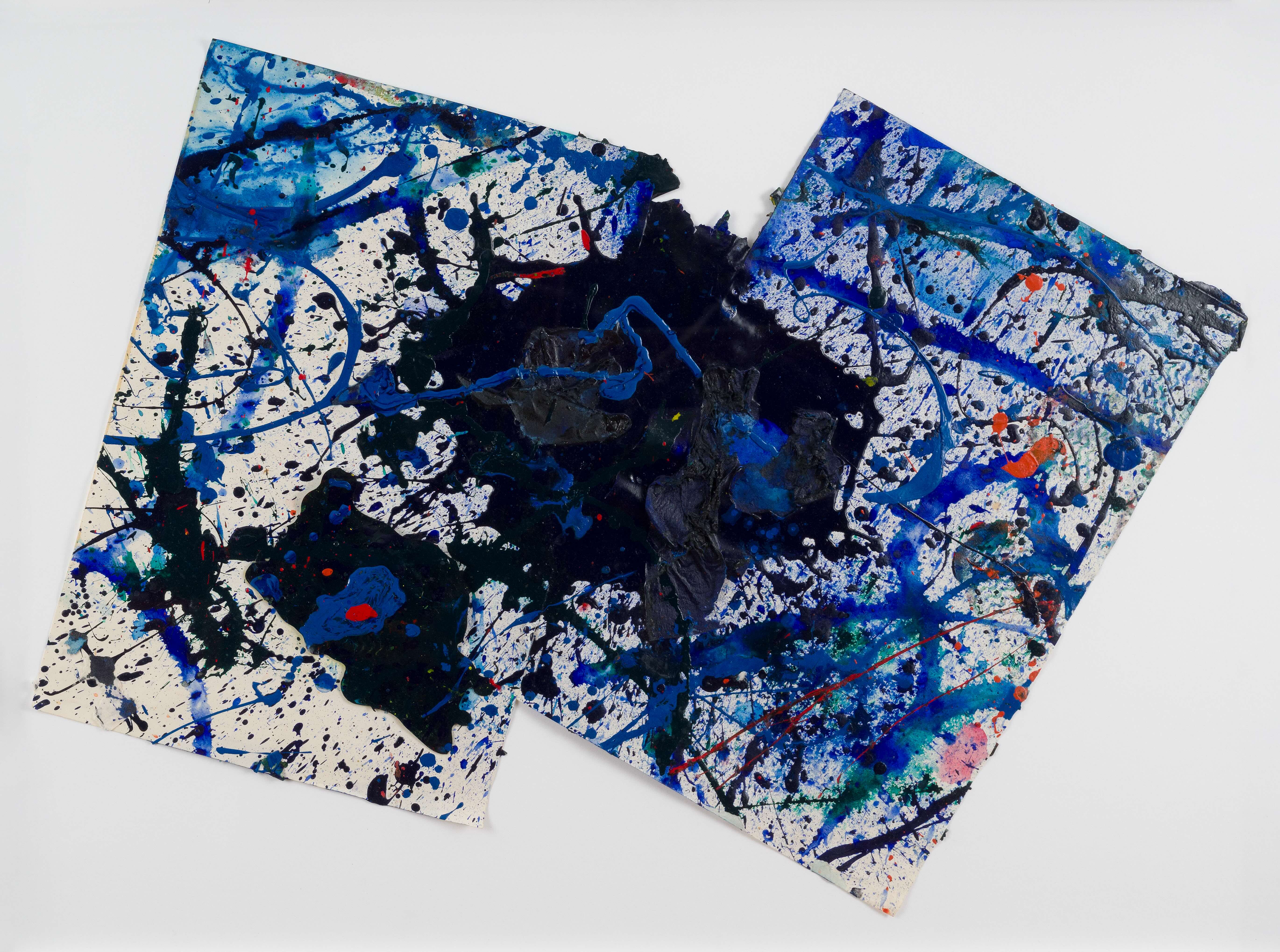 Composition - Sam Francis (1923 - 1994) | Stern Pissaero Gallery. Acrylic and paper collage on paper 57.2 x 81.3 cm (22 &sup1;/₂ x 32 inches) Stamped on the reverse with Sam Francis Estate logo stamp Executed in 1990