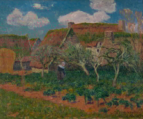 Henry Moret - Bretonne jardinant près des chaumières