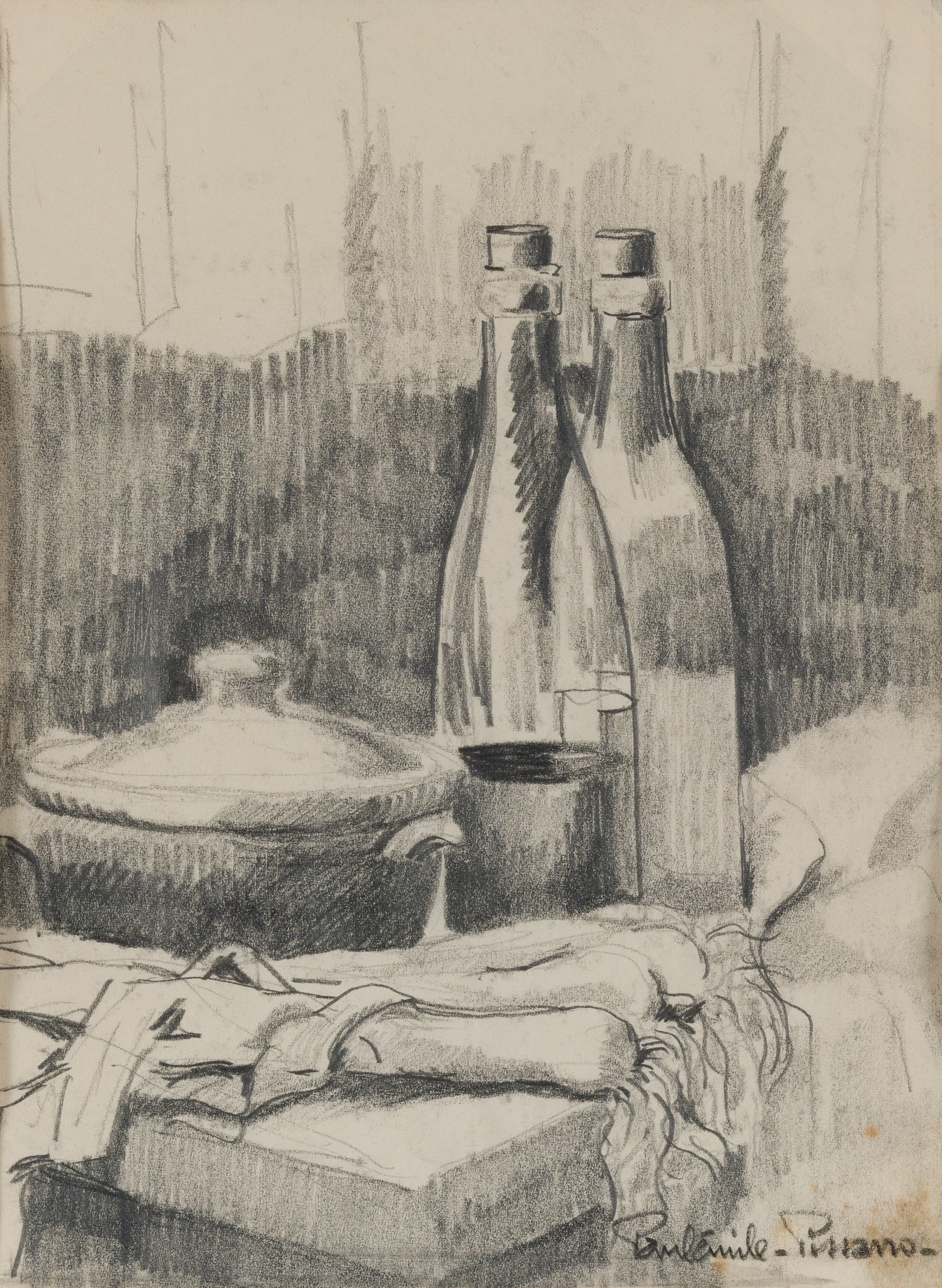 Paulémile Pissarro - Nature morte avec bouteilles et poireau