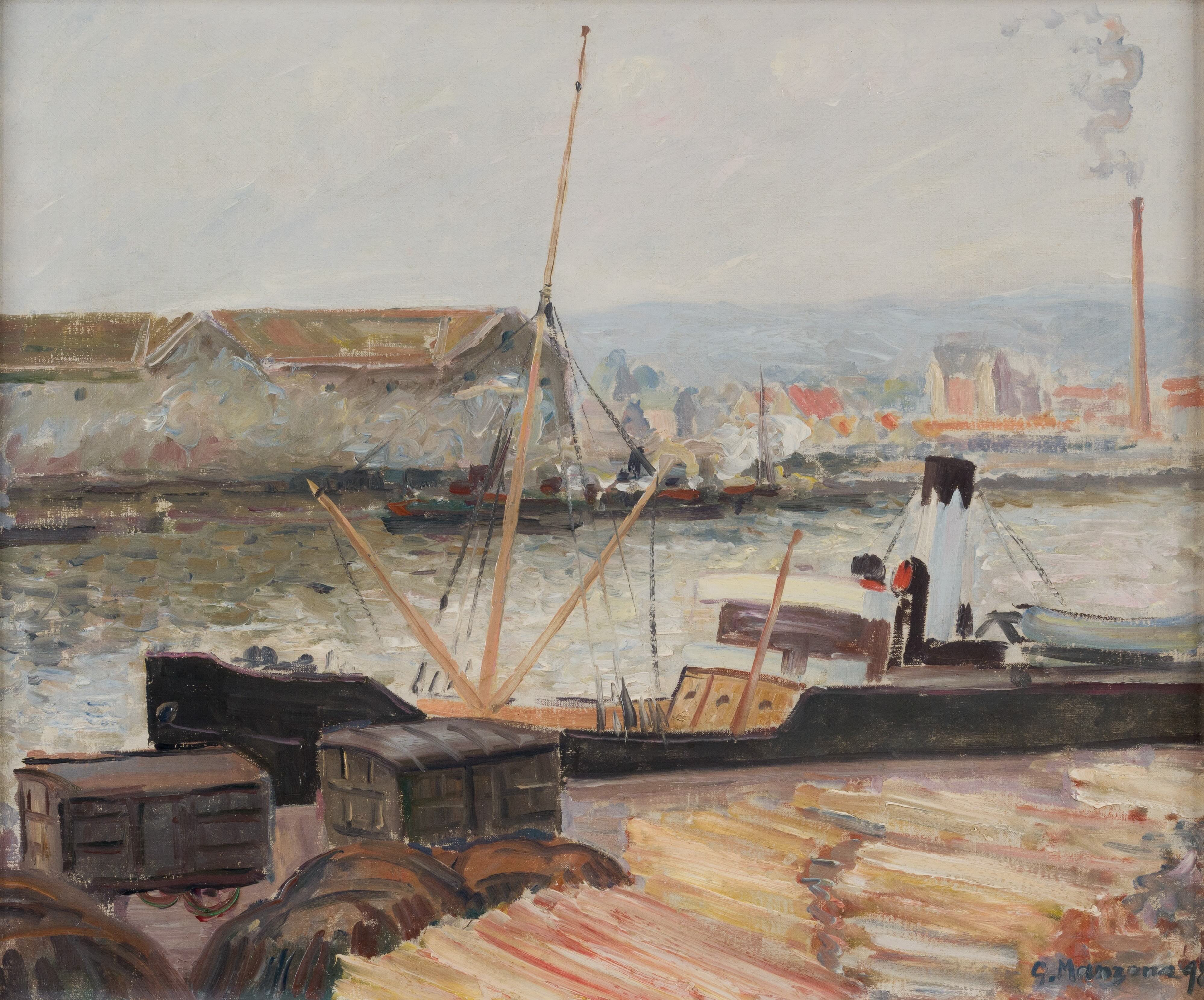 Bateau à quai - Georges Manzana Pissarro (1871 - 1961) | Stern Pissaero Gallery. Oil on canvas 46.5 x 55.5 cm (18 &sup1;/₄ x 21 ⁷/₈ inches) Signed and dated lower right, G. Manzana 98