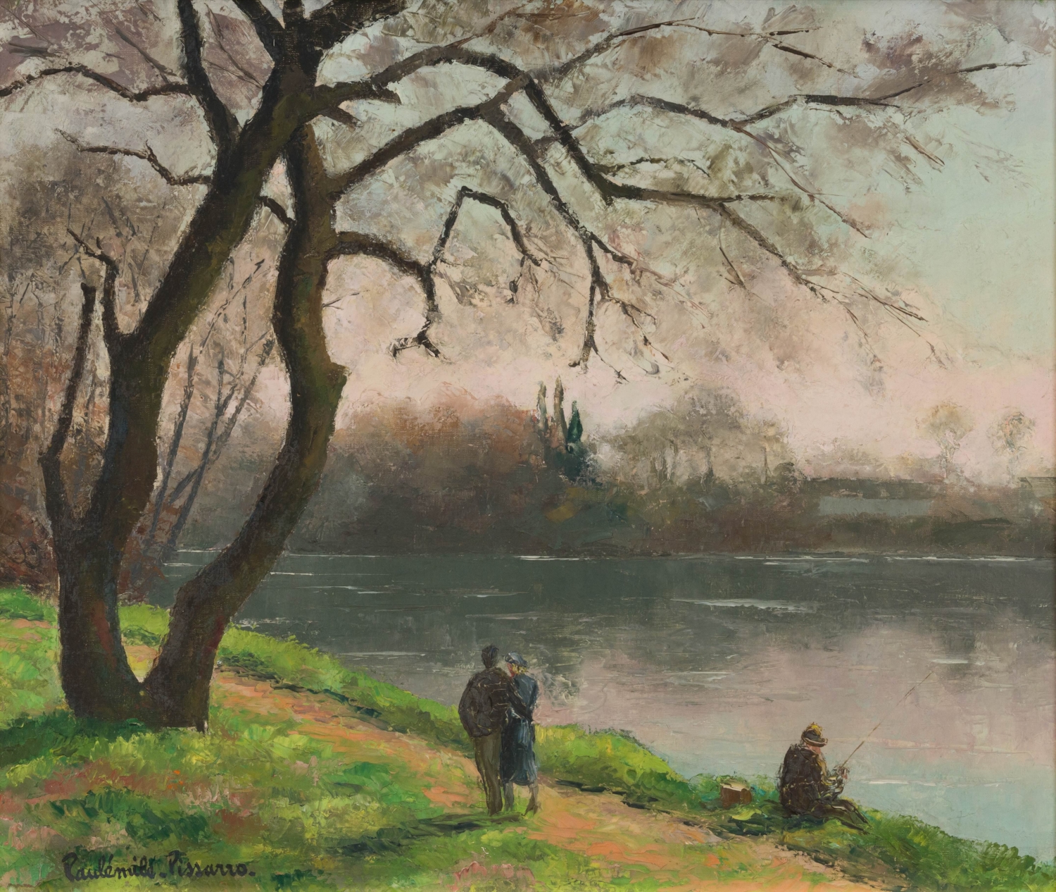 Fisherman and walkers by the river - Paulémile Pissarro (1884 - 1972)