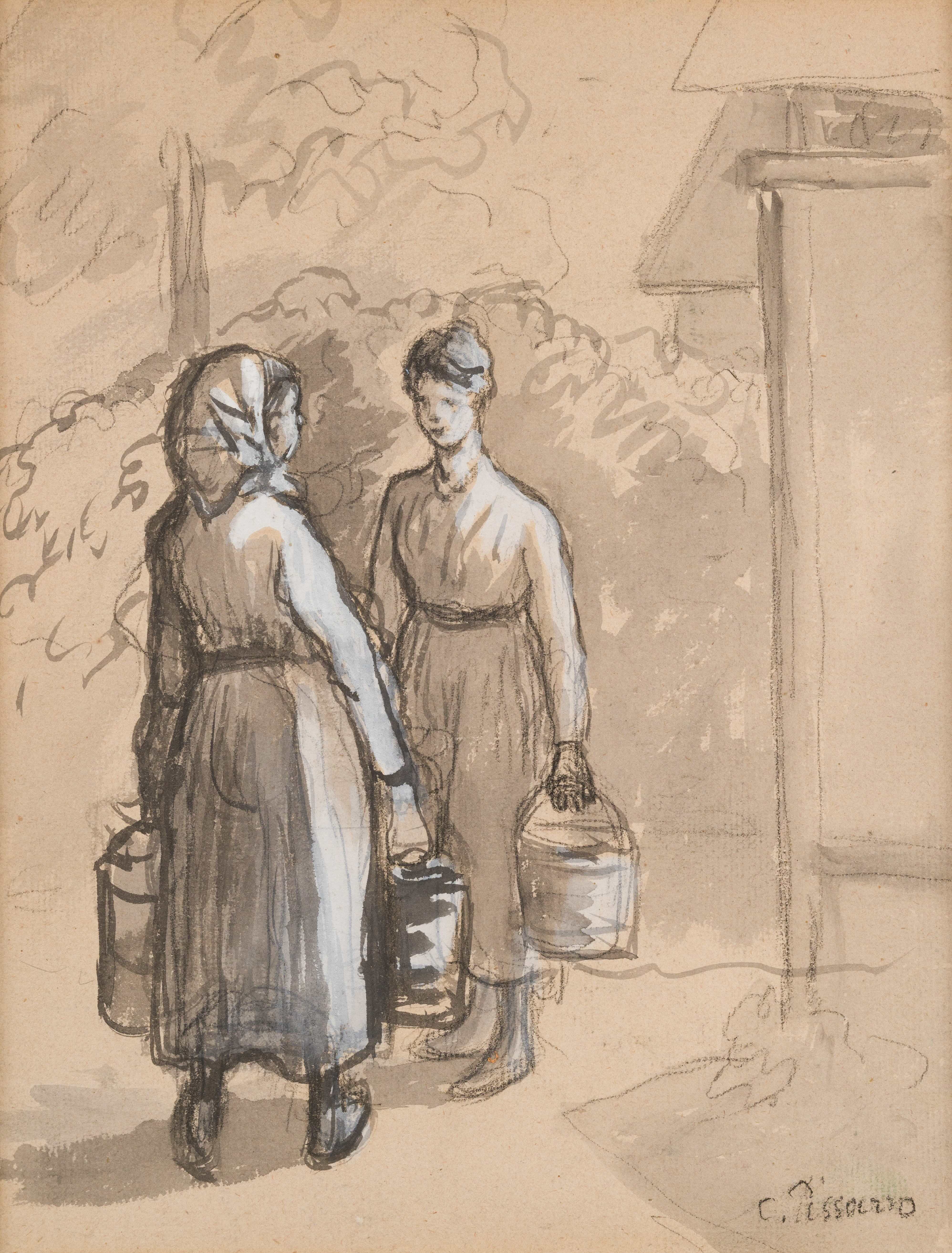 Camille Pissarro - Paysannes causant dans la cour d'une ferme, Eragny