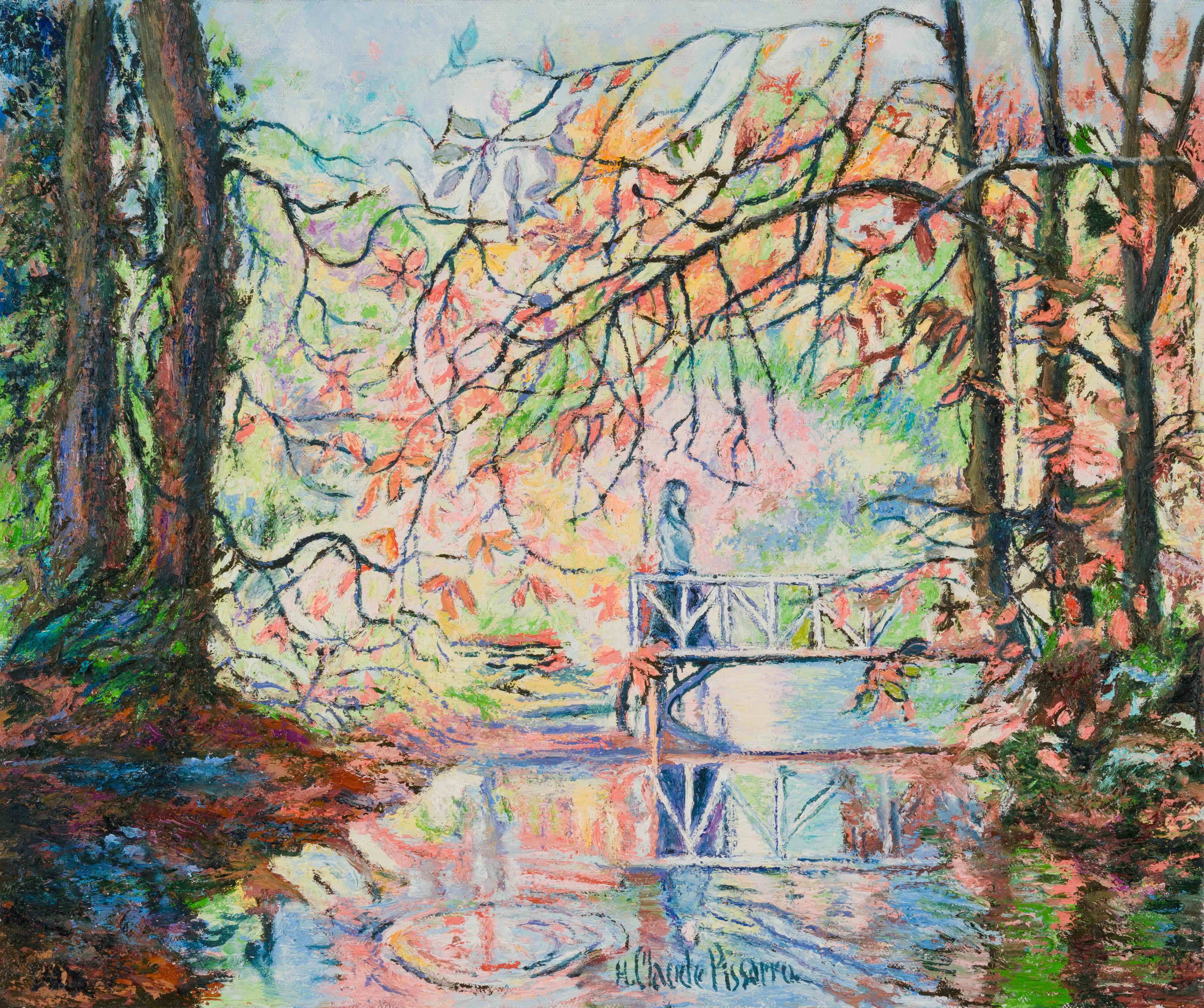 La passerelle du sous-bois en automne  - H. Claude Pissarro (b. 1935 - )