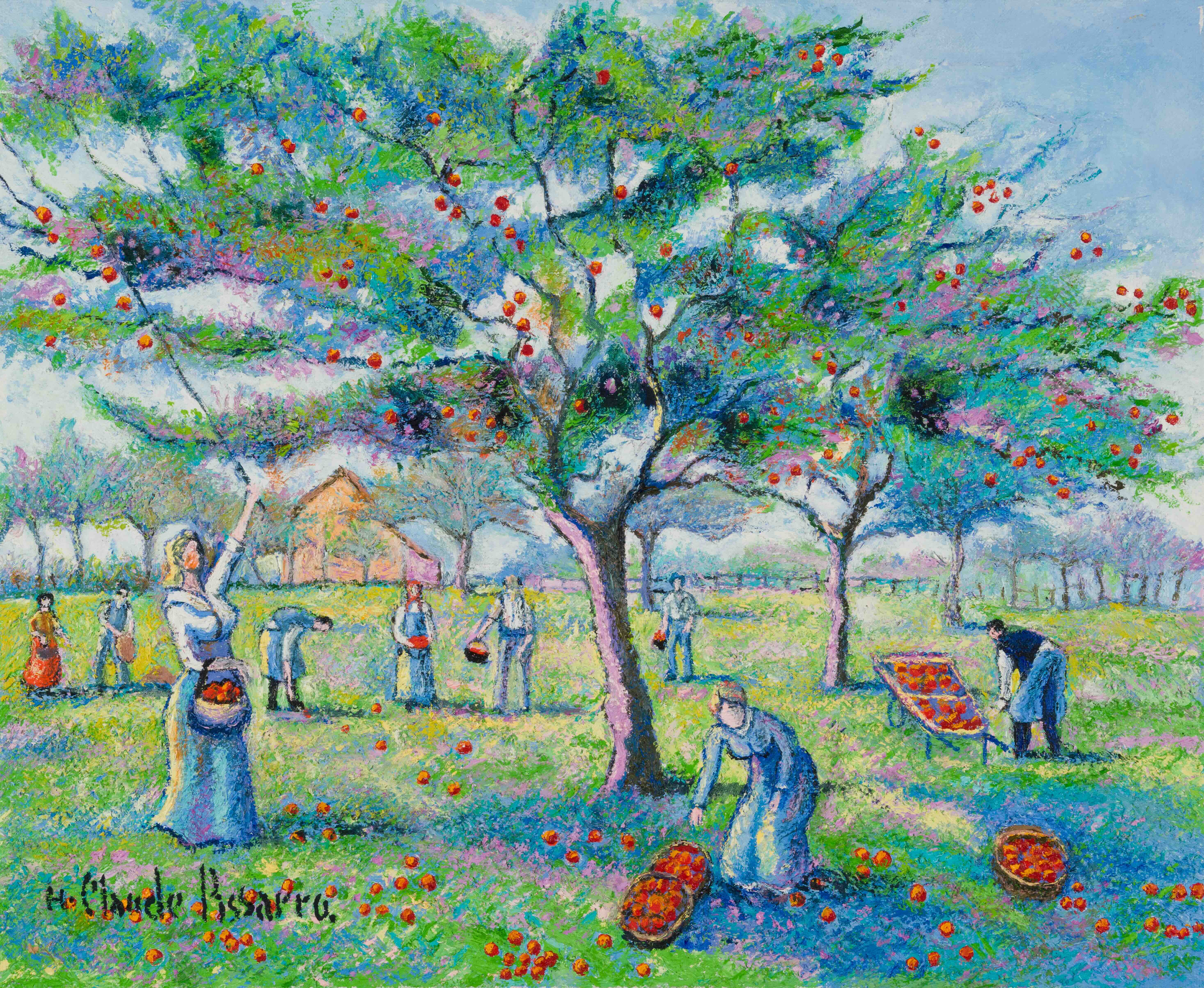 Le ramassage des pommes - H. Claude Pissarro (b. 1935 - ) | Stern Pissaero Gallery. Oil on canvas 50 x 61 cm (19 &sup3;/₄ x 24 inches) Signed lower left, H. Claude Pissarro