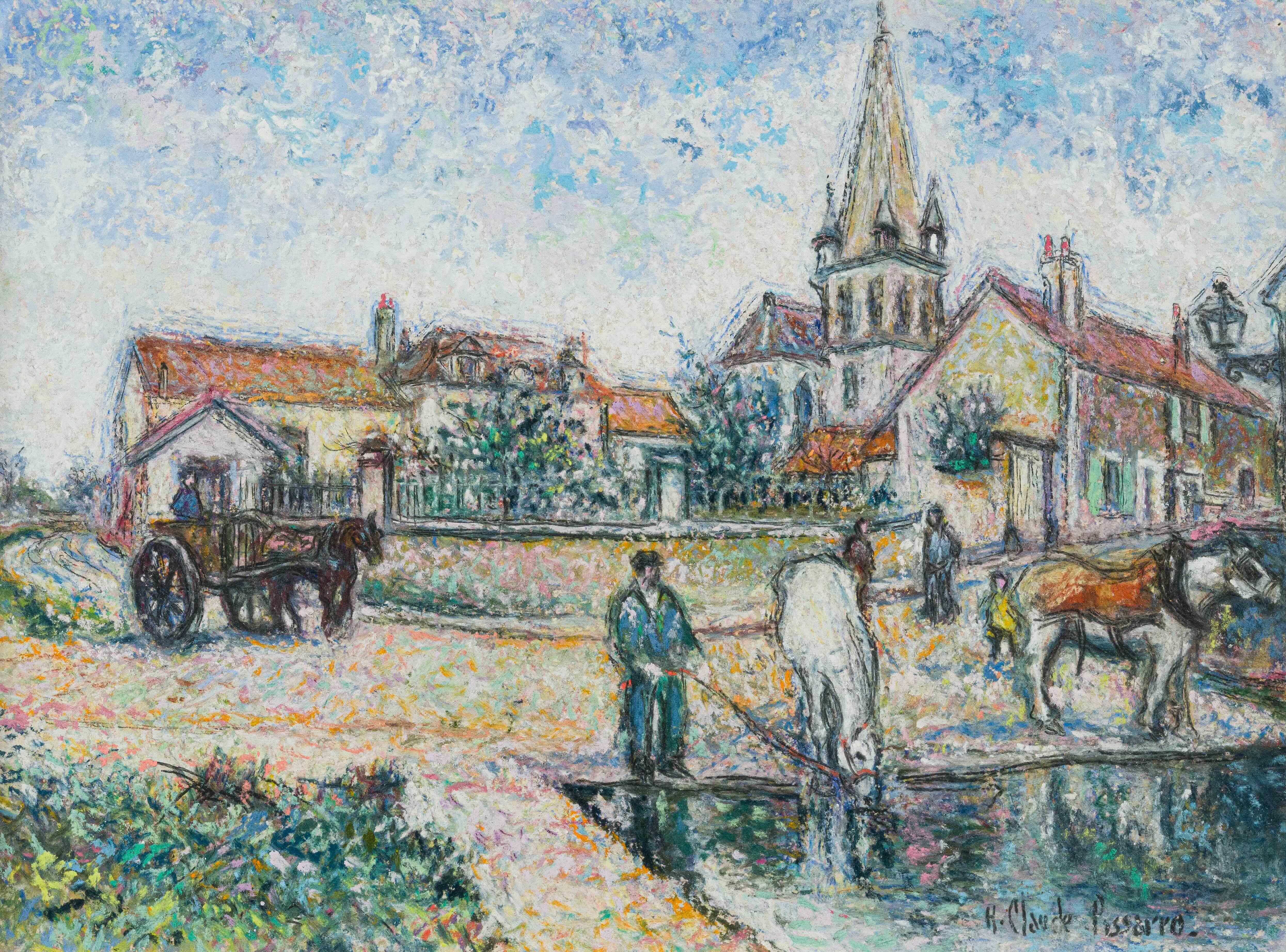 H. Claude Pissarro - L'Ancien Abreuvoir et l'Église de Mareil-Marly